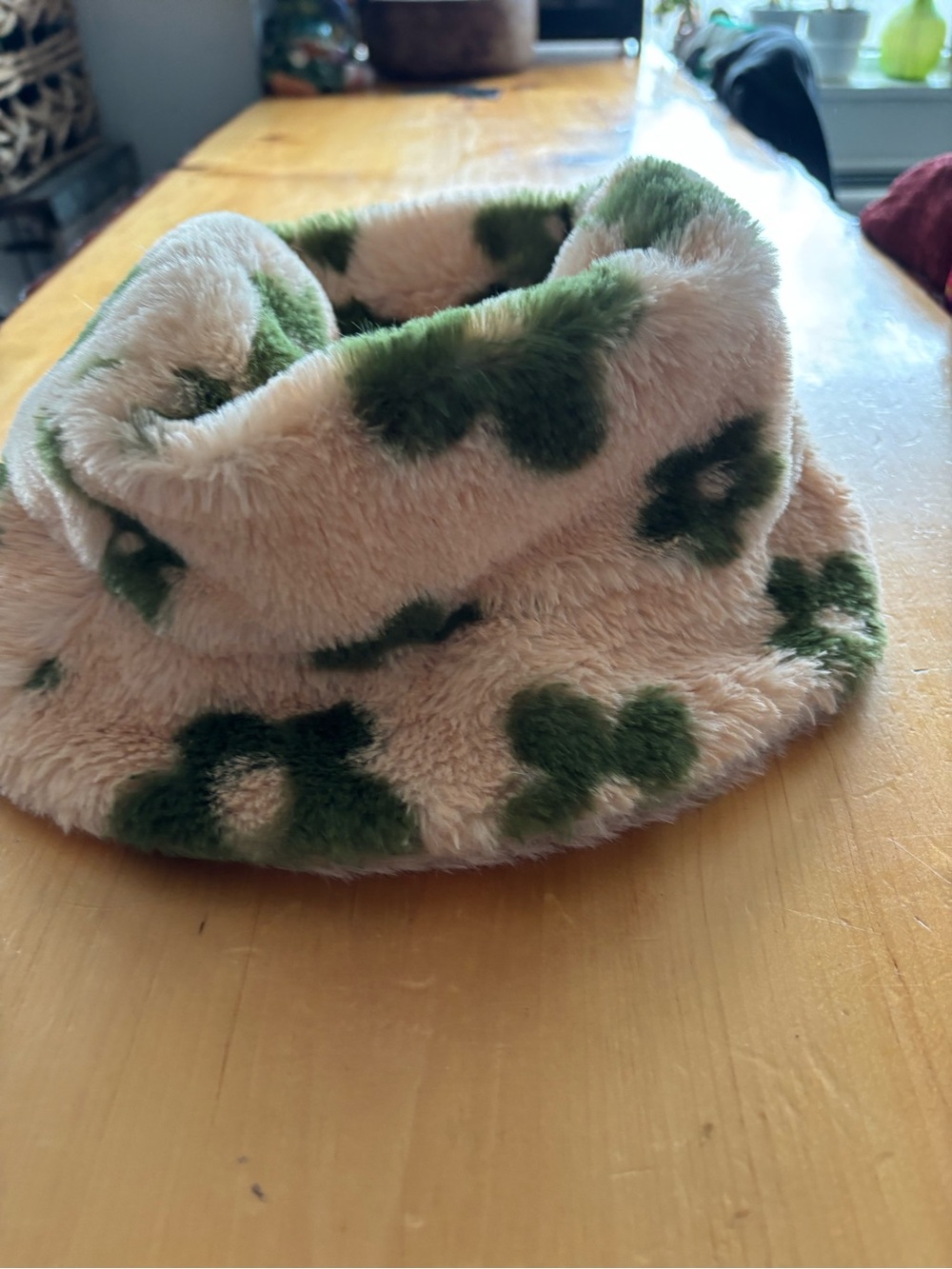 4 for $25- Peach Faux Fur Bucket Hat with Green Floral Pattern - Picture 2 of 5